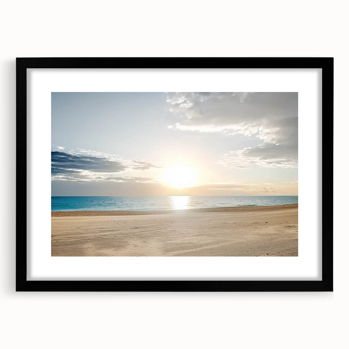 Framed landscape artwork depicting a serene beach scene with vibrant colors, featuring a black mat and sleek frame, ideal for home decor and coastal themes.