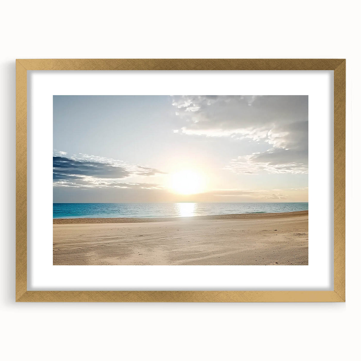 Framed landscape artwork depicting a serene beach scene with gentle waves, sandy shores, and a golden mat, ideal for coastal home decor. Perfect for beach lovers.