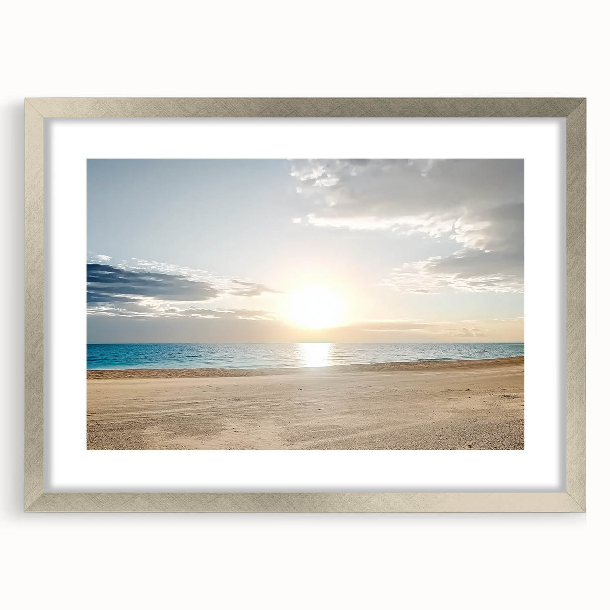 Silver-framed landscape artwork showcasing serene beach scenery, elegantly matted for display. Ideal for home decor, highlighting coastal themes and tranquility.