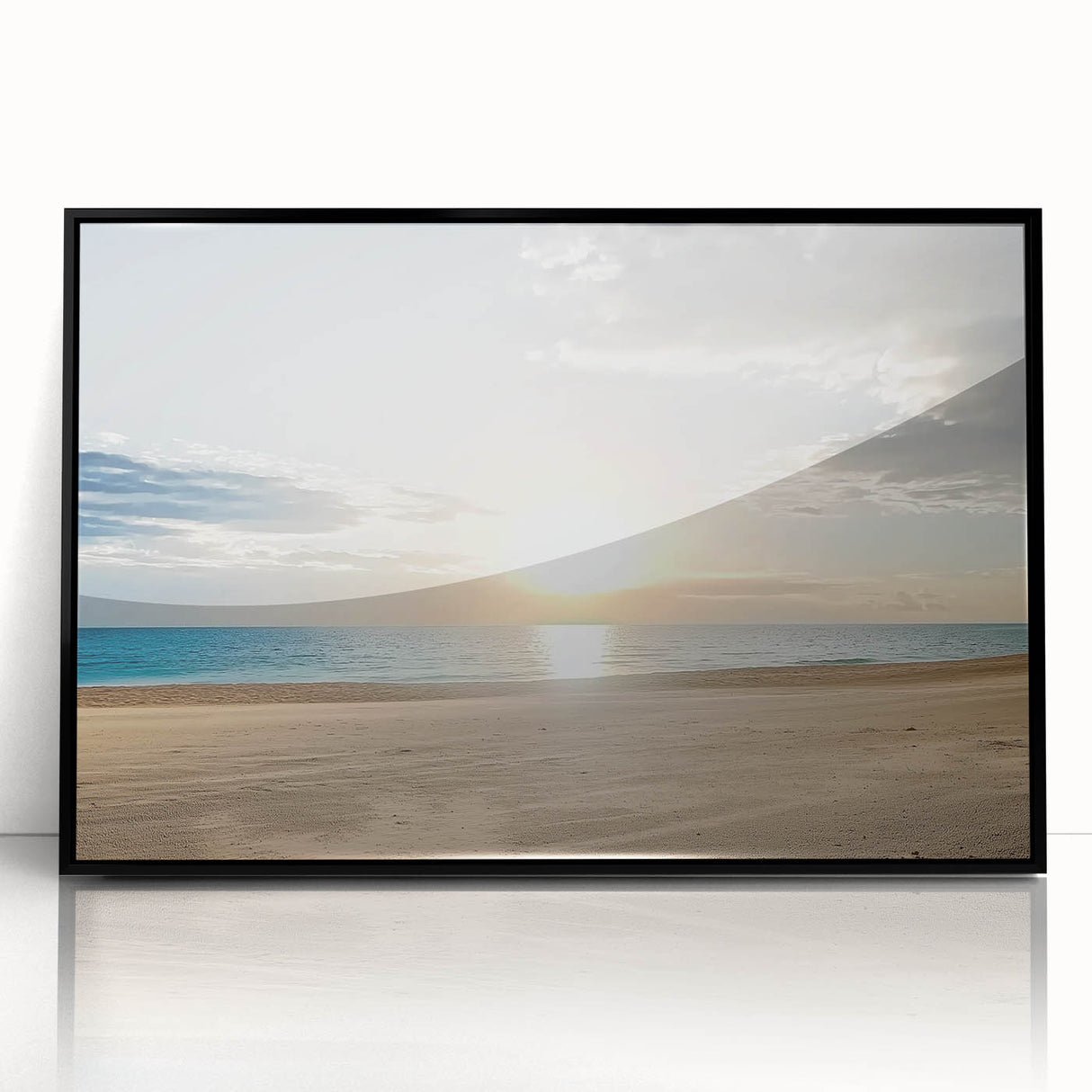 Framed acrylic artwork showcasing a serene beach landscape with vibrant colors and intricate detailing, set in a sleek black frame, perfect for enhancing any coastal-themed decor.
