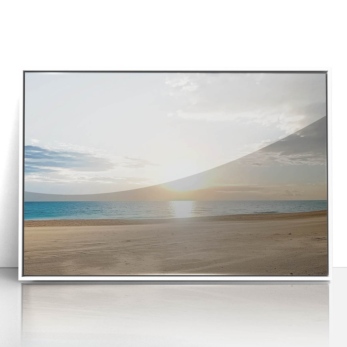 Framed acrylic artwork depicting a serene beach landscape with vibrant colors, perfect for enhancing home decor. The piece features soft waves and a clear sky, creating a calming atmosphere ideal for beach lovers.