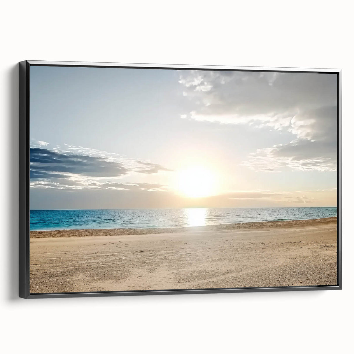 Framed canvas artwork showcasing a vibrant beach landscape with vivid blue skies and golden sands, featuring a sleek black frame for modern decor. Perfect for beach-themed interiors.