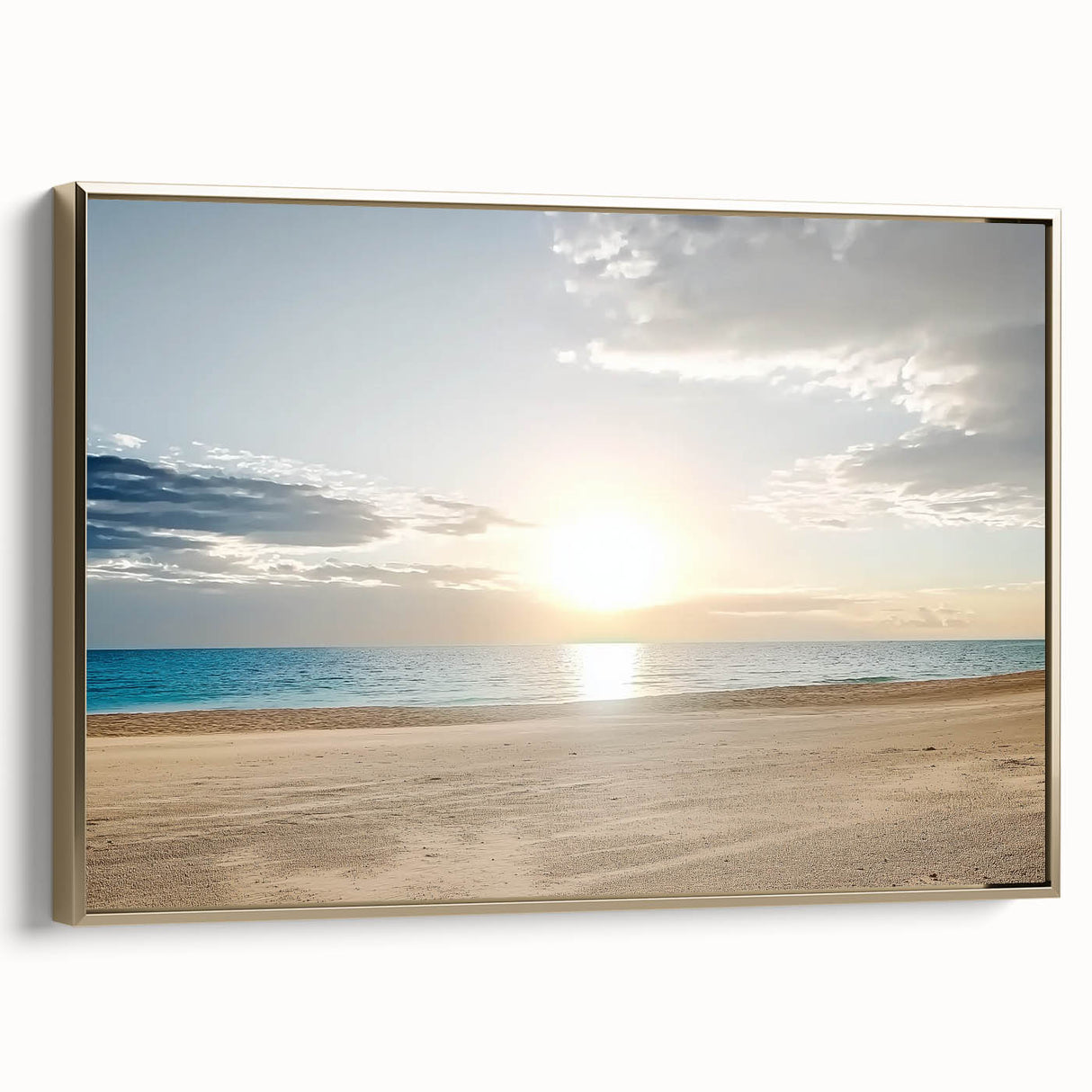 Framed landscape canvas artwork depicting serene beaches with golden accents, showcasing vibrant colors and textured details, ideal for coastal-themed decor.