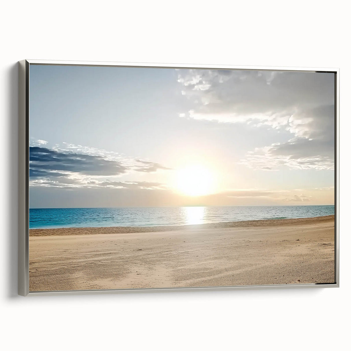Framed landscape canvas artwork depicting serene beaches with silver accents, showcasing calming ocean hues, perfect for home decor and coastal themes.
