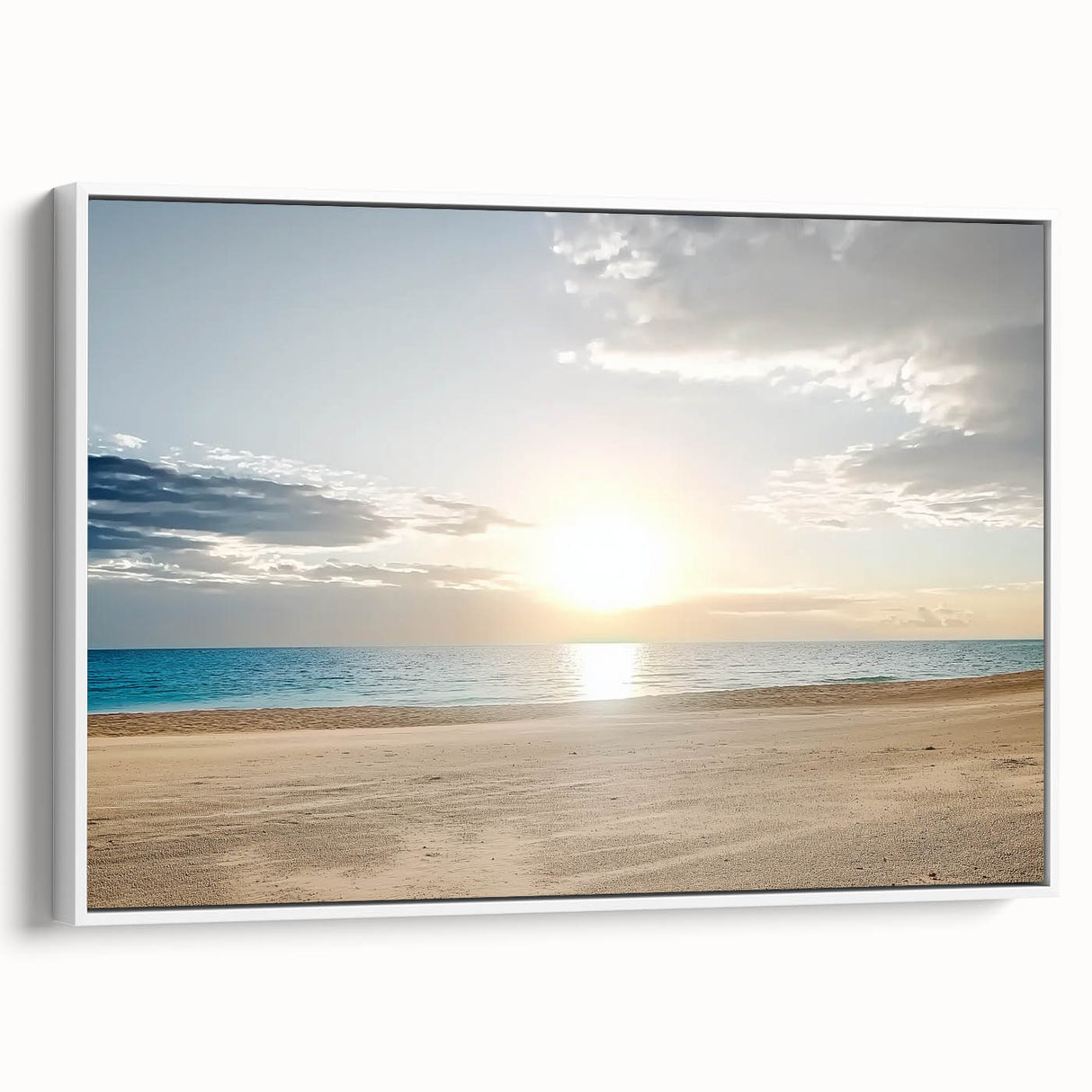 Framed canvas artwork depicting a serene beach landscape with soft pastel colors, showcasing gentle waves and a tranquil sky, designed to enhance home decor.