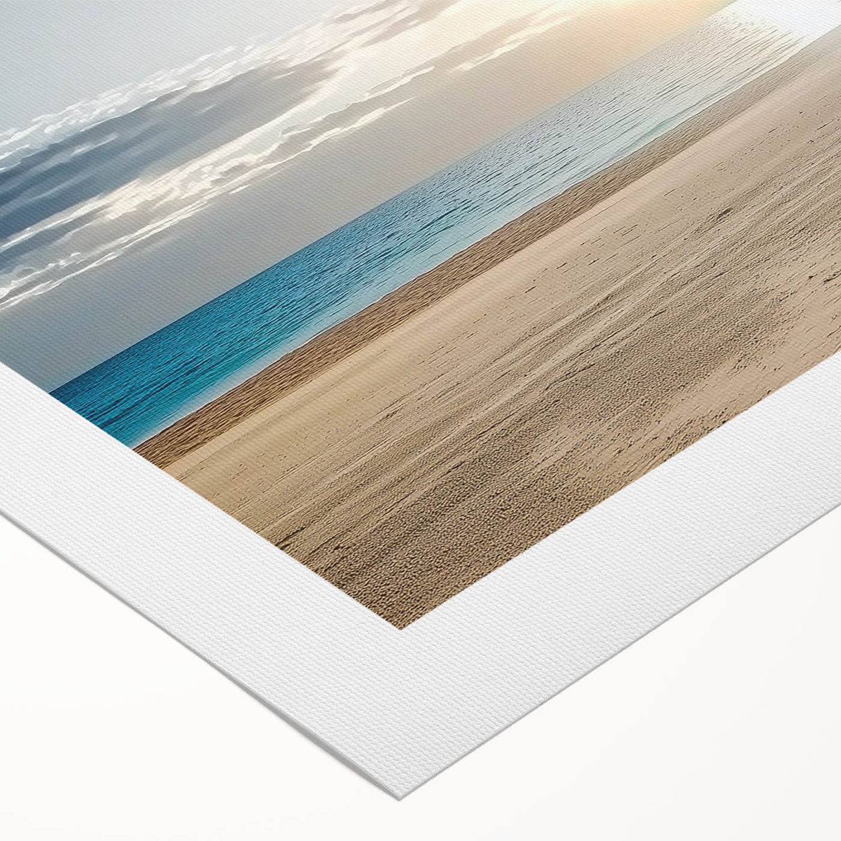 Vibrant rolled canvas showcasing a serene beach landscape with soft waves and golden sand, expertly packaged in a durable cardboard tube for safe delivery.