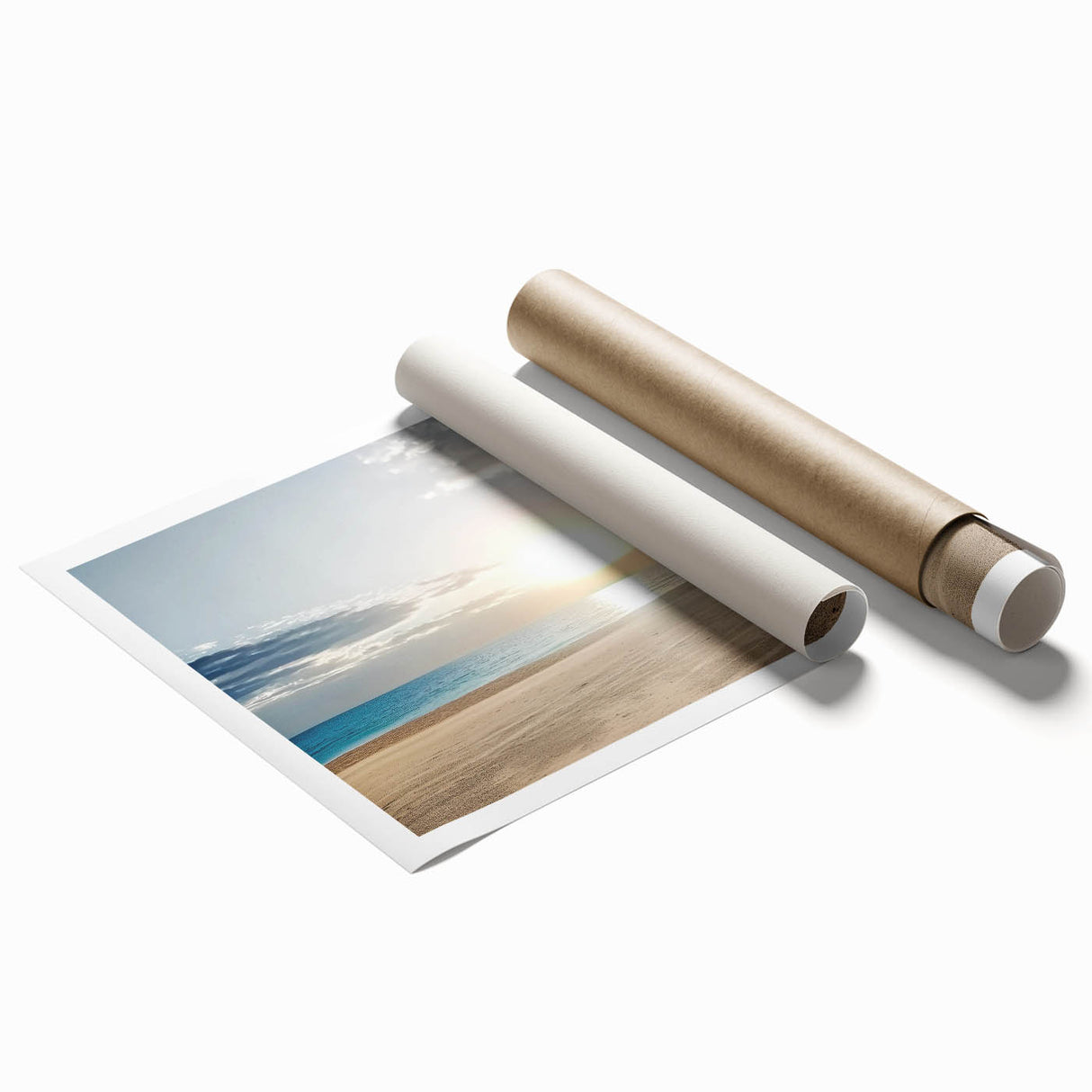 Stunning landscape beach print rolled and ready for display, showcasing vibrant colors of the ocean and sky, packaged securely in a durable cardboard tube. Ideal for coastal decor enthusiasts.