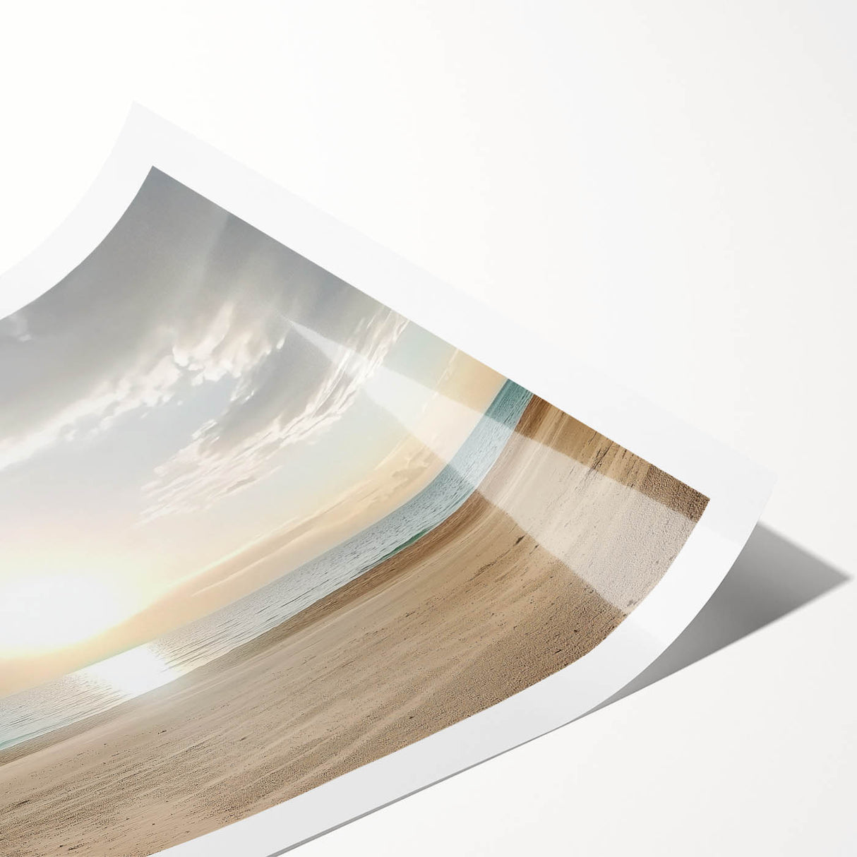 Vibrant rolled print showcasing a serene beach landscape with soft waves, golden sands, and a clear blue sky, packaged securely in a protective tube.