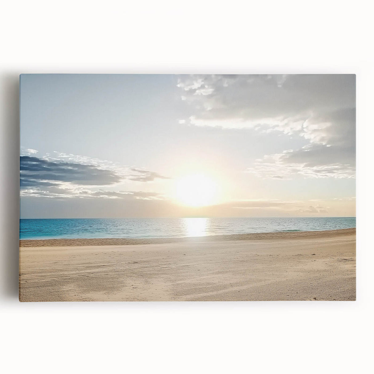 Stretched canvas artwork depicting a serene beach landscape with vibrant blue skies, golden sands, and gentle waves, perfect for coastal decor enthusiasts.