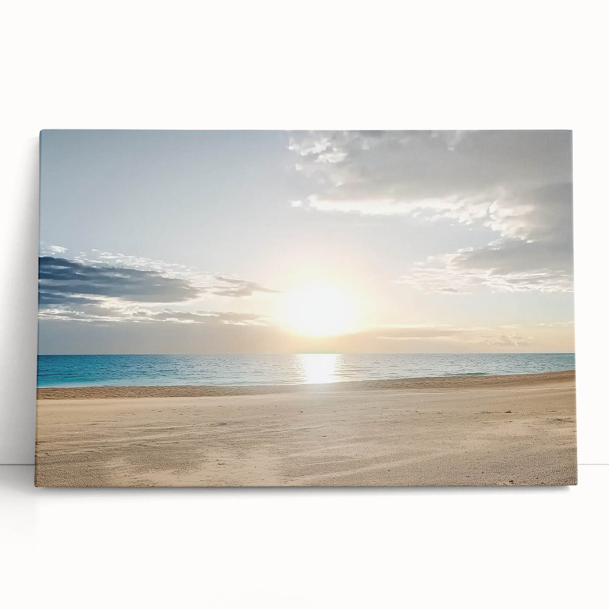 Stretched canvas artwork depicting a serene beach landscape with vibrant colors, perfect for coastal-themed decor. Ideal for enhancing living spaces and evoking relaxation.
