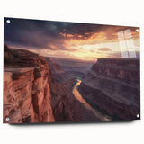 Vibrant acrylic landscape artwork showcasing canyons in rich colors, displayed with polished glass and stylish pins, perfect for home or office decor.