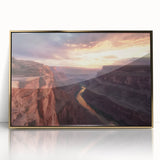 Framed acrylic artwork depicting vibrant landscape canyons in gold tones, showcasing intricate details and textures, perfect for modern home decor.