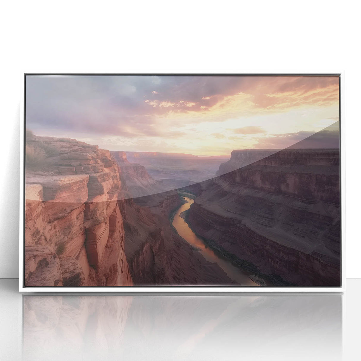 Framed acrylic artwork depicting a stunning landscape of canyons, showcasing vibrant earth tones and dramatic rock formations, ideal for modern home decor.