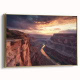 Framed canvas depicting a stunning landscape of colorful canyons, featuring a gold frame that enhances its natural beauty, ideal for home decor.
