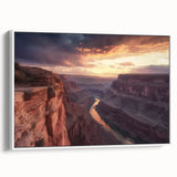 Framed canvas artwork depicting a vibrant landscape of canyons, showcasing rich colors and textures, with a sleek white frame enhancing its aesthetic appeal. Perfect for adding a touch of natural beauty to home decor.