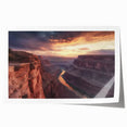Landscape wall art print depicting vibrant canyons in warm earth tones, rolled for easy shipping and storage, perfect for home or office decor.