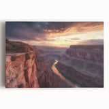 Stretched canvas artwork depicting vibrant, abstract landscape canyons in warm earthy tones, perfect for enhancing modern home decor or office spaces.