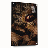 Large abstract wall art depicting fall scenery in vibrant orange and red tones on acrylic glass.