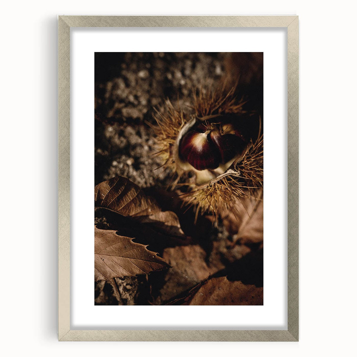 Textured abstract art print in autumnal shades on a silver-framed canvas, suitable for bedroom decor.
