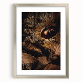 Textured abstract art print in autumnal shades on a silver-framed canvas, suitable for bedroom decor.