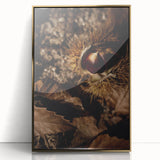 Large art print of a mid-century modernist autumn scene in gold and orange tones, framed acrylic.