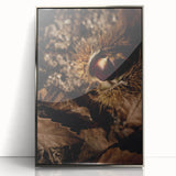 Mid-century modernist art depicting autumn trees in orange and brown tones, framed acrylic, suitable for nursery wall art.