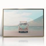 Large art print featuring a mid-century modernist summer design in gold and teal tones on acrylic.