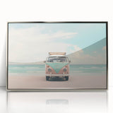 Mid-century modernist art depicting abstract shapes in pastel shades on a silver-framed acrylic print.