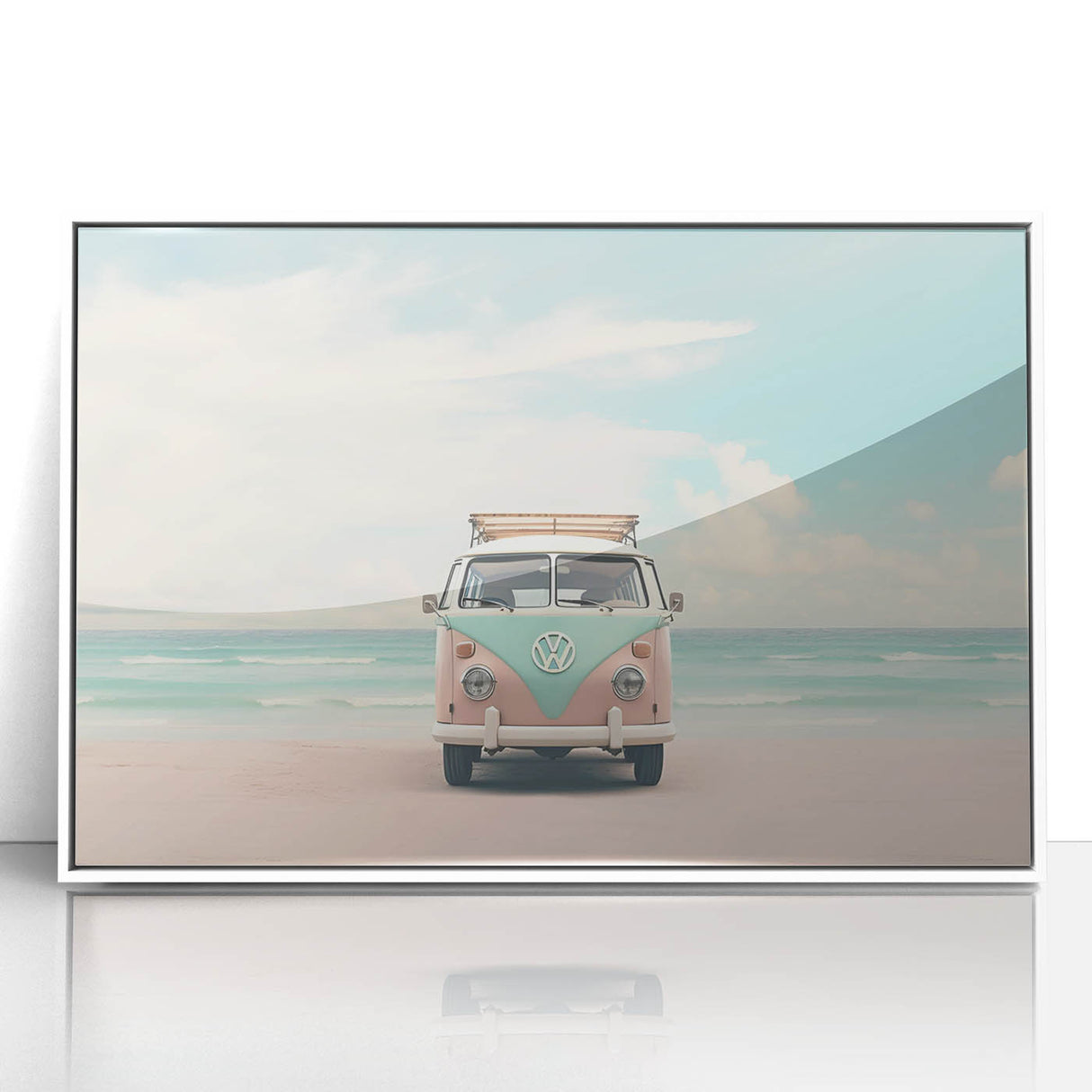 Art deco poster featuring a summer scene in pastel shades on a white acrylic frame, ideal for nursery wall art.