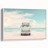Vintage poster art of a summer scene on framed canvas, featuring vibrant colors ideal for living room decor.