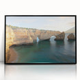 Framed acrylic artwork showcasing a dramatic landscape of cliffs, with a sleek black frame enhancing the vivid colors and details, perfect for modern home decor.