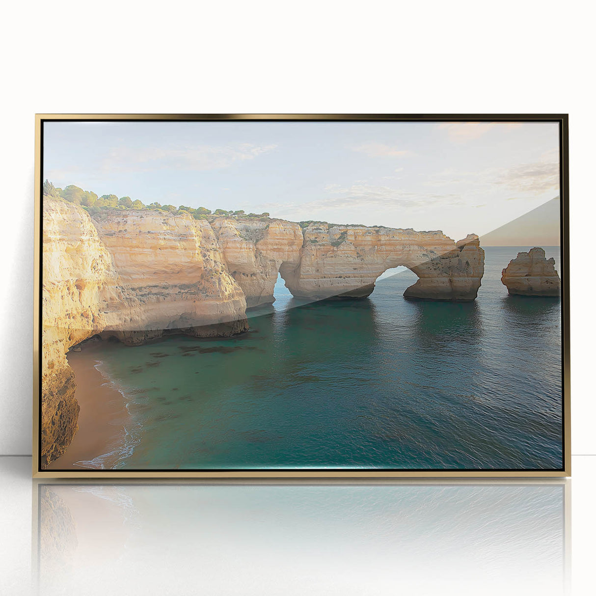 Framed acrylic artwork showcasing a stunning landscape of majestic cliffs with vibrant colors and intricate details, elegantly displayed in a gold frame, perfect for home decor.