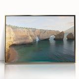 Framed acrylic artwork showcasing a stunning landscape of majestic cliffs with vibrant colors and intricate details, elegantly displayed in a gold frame, perfect for home decor.