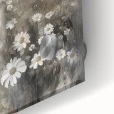 Abstract figurative acrylic artwork displayed on glass, featuring vibrant colors and dynamic shapes, ideal for modern home decor or art enthusiasts.