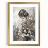 Abstract figurative artwork framed in a gold mat, showcasing a blend of dynamic colors and shapes. Ideal for modern decor, enhancing any space with elegance.