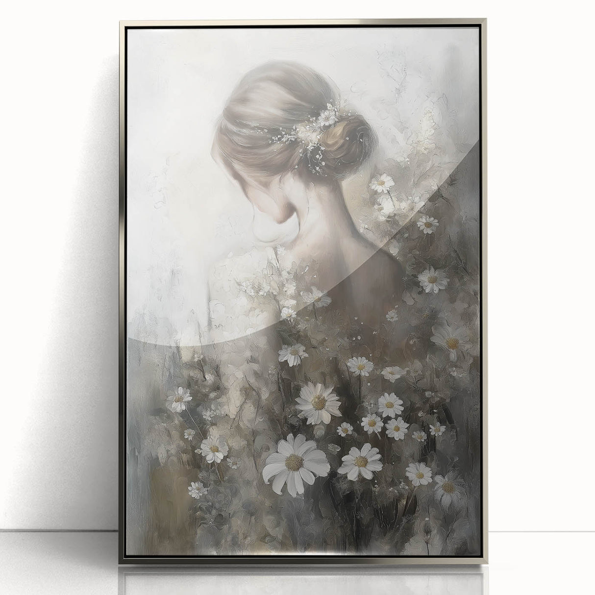 Framed abstract figurative artwork with a silver acrylic finish, showcasing dynamic shapes and vibrant colors, ideal for modern home decor and art enthusiasts.