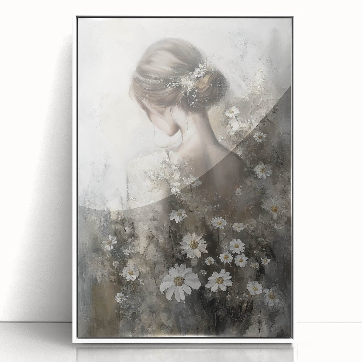 Framed abstract figurative artwork in a sleek white frame, showcasing vibrant colors and dynamic shapes, perfect for modern home decor and artistic expression.