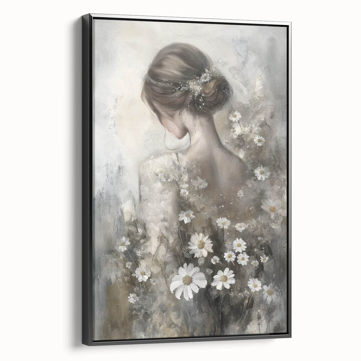 Framed abstract figurative canvas wall art displaying a striking black design, viewed from the side, perfect for modern home decor. Ideal for art enthusiasts looking to enhance their interior aesthetics.