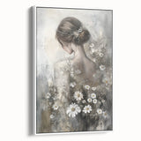 Framed abstract figurative canvas artwork showcasing a modern design in neutral tones. The piece features a white frame, complementing its contemporary style, ideal for enhancing living spaces or galleries.