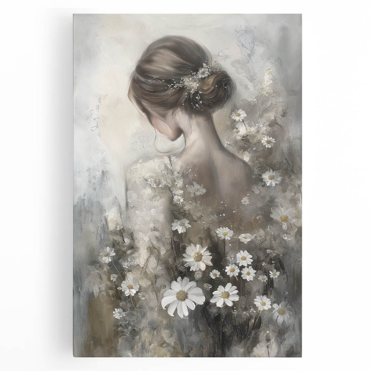 Abstract figurative stretched canvas artwork showcasing vibrant colors and dynamic shapes, perfect for modern home decor, displayed against a neutral background.
