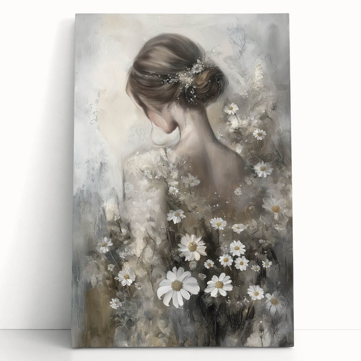 Abstract figurative art canvas featuring vibrant colors and dynamic shapes, leaning against a neutral wall, perfect for modern home decor and artistic expression.