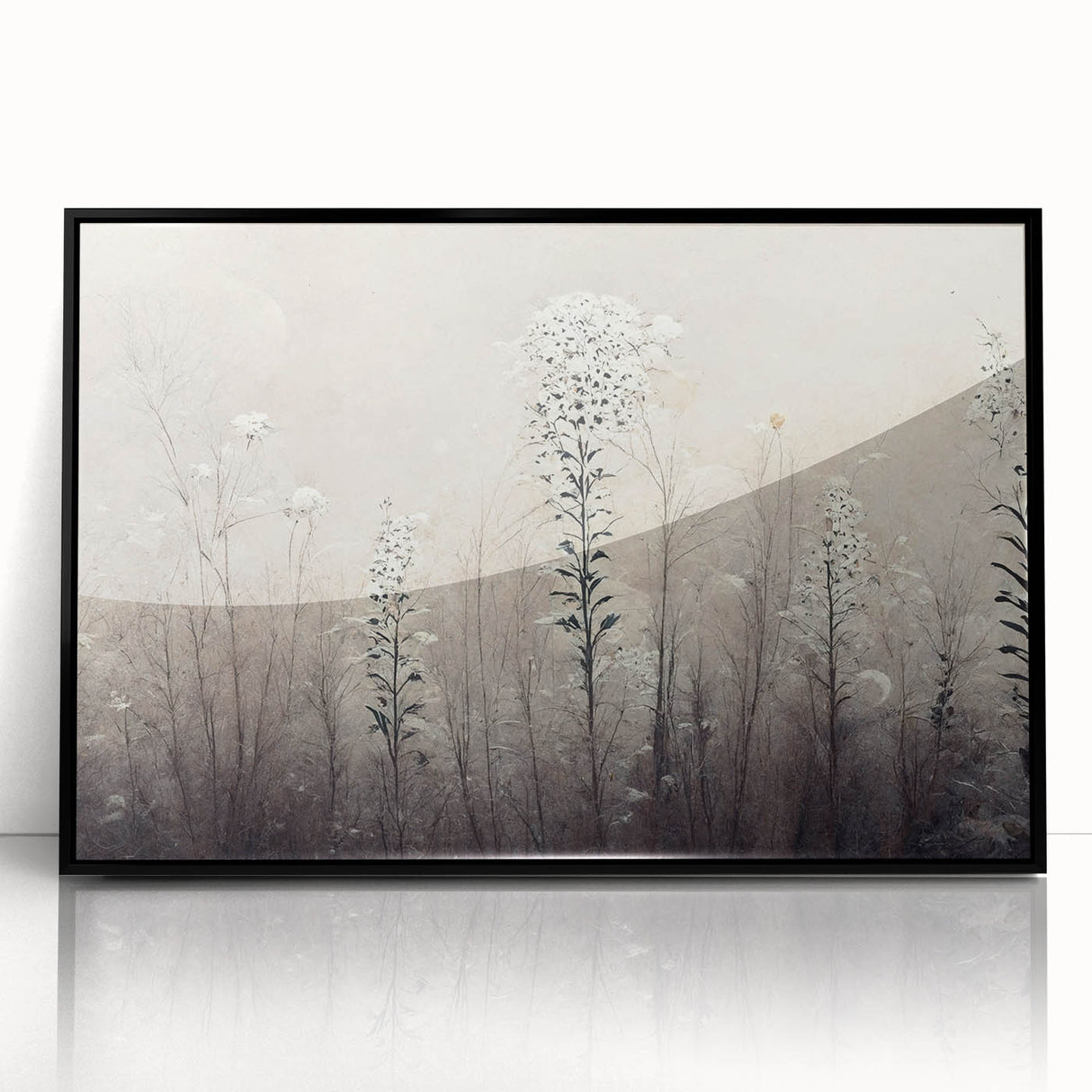 Framed abstract floral wall art featuring vibrant colors and intricate designs, with a sleek black frame, perfect for modern home decor.