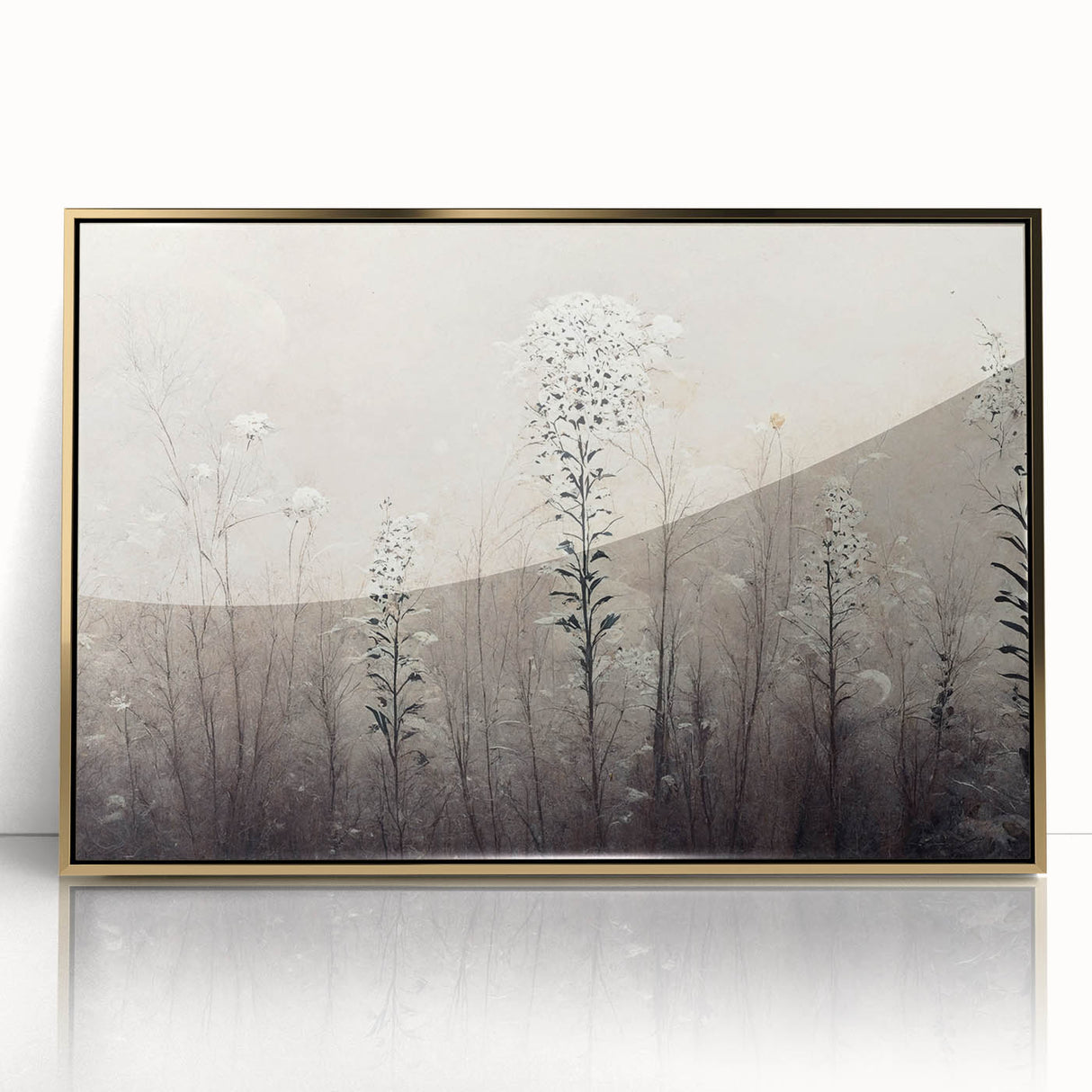 Framed abstract floral wall art featuring intricate gold accents on a soft background, perfect for adding elegance to modern home decor. Ideal for living rooms or creative spaces.