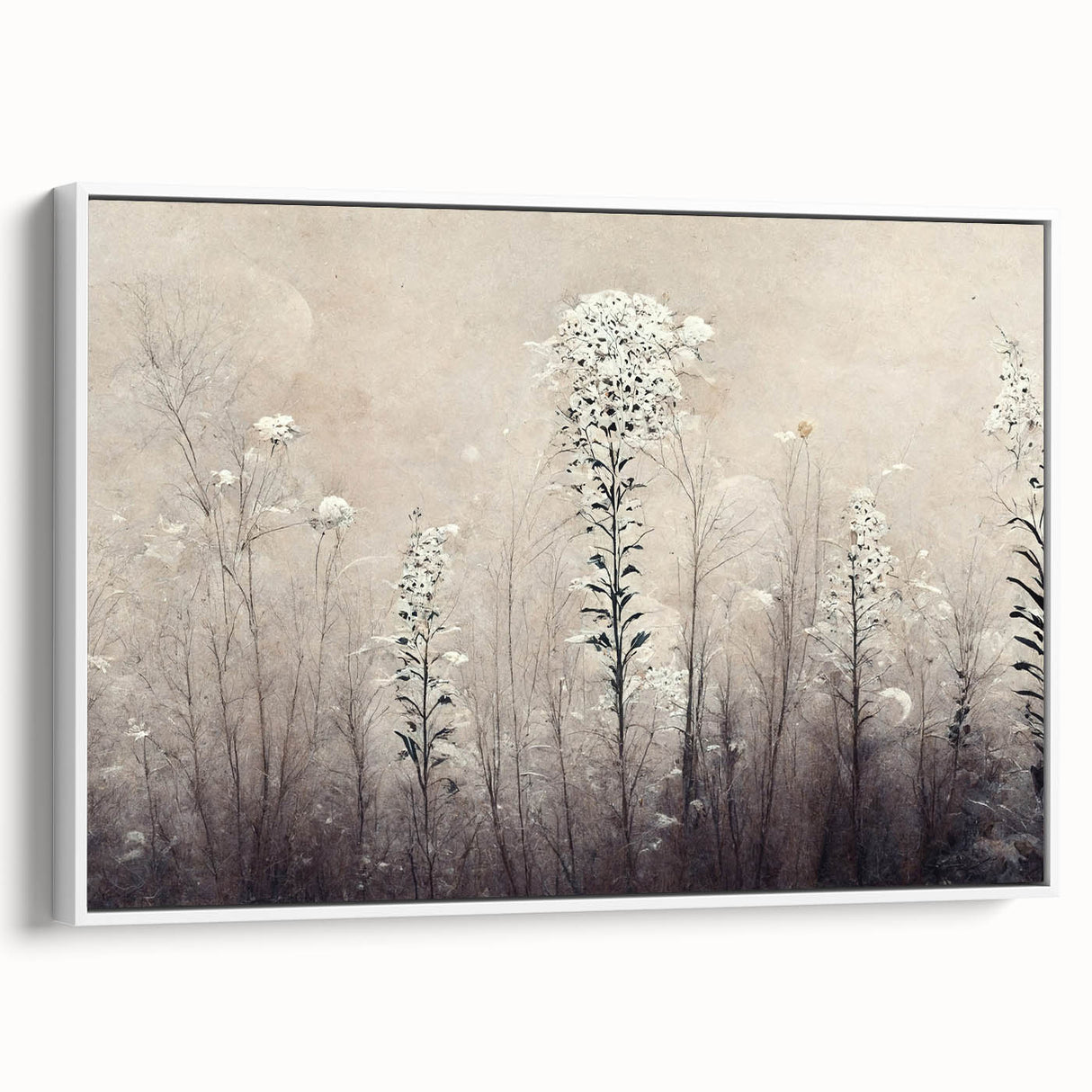 Framed canvas wall art featuring vibrant abstract floral designs in soft pastel colors, displayed in a white frame, ideal for modern home decor. The artwork adds a touch of elegance and sophistication to any room setting.
