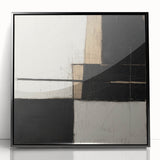 Framed acrylic artwork showcasing an abstract geometric design in black tones, highlighting sharp angles and vibrant contrasts, perfect for modern decor.