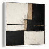 Abstract geometric framed canvas artwork showcasing a modern design with a white background and vibrant shapes, perfect for contemporary home decor. This piece adds a stylish touch to any living space, enhancing the overall aesthetic with its unique visual appeal.