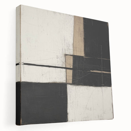 Abstract geometric stretched canvas artwork showcasing vibrant colors and unique shapes, displayed in a side view to highlight its depth and texture. Perfect for modern home decor.