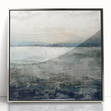 Framed acrylic wall art showcasing an abstract landscape design with silver accents, perfect for modern home decor. Ideal for adding elegance to living spaces.