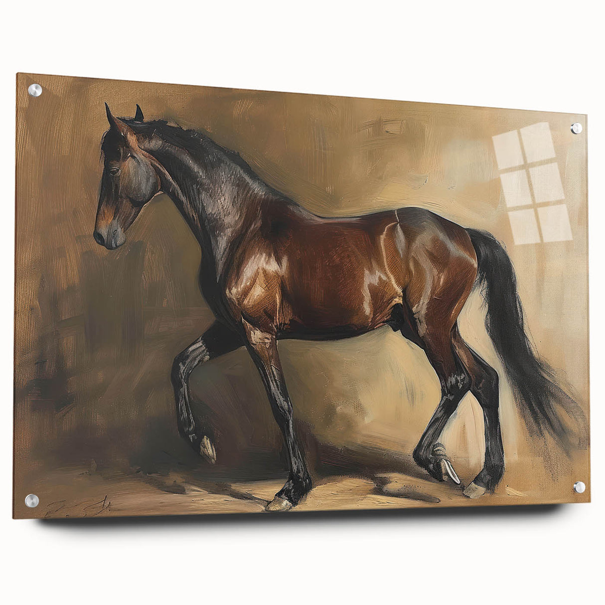 Acrylic glass art piece showcasing a vibrant side view design of various animals, elegantly displayed with decorative pins, ideal for modern decor enthusiasts.