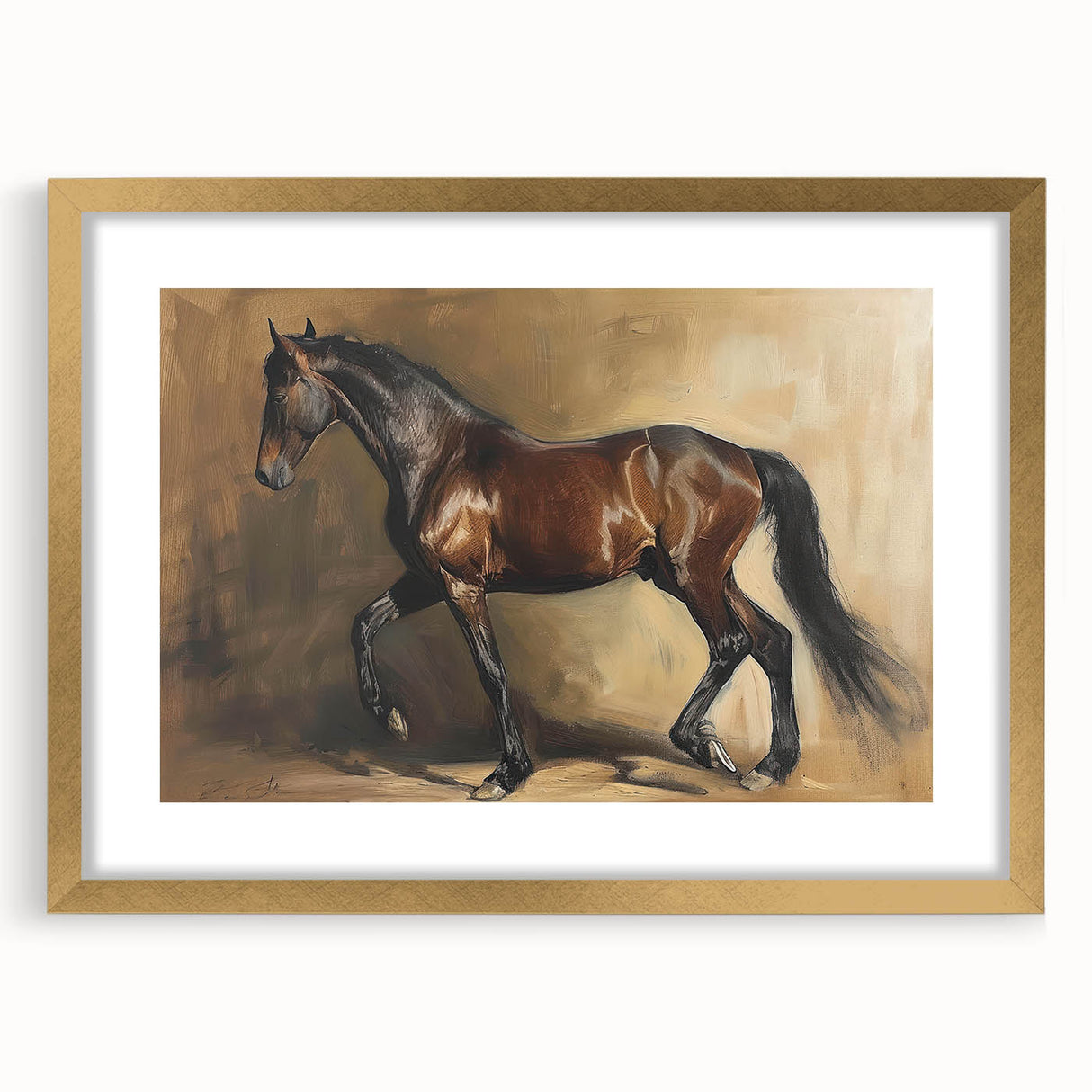 Elegant gold-framed wall art featuring a vibrant animal design with a mat, perfect for elevating interior decor in living rooms or offices.